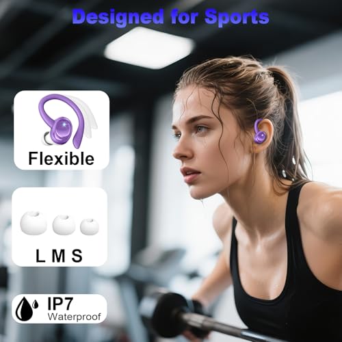 Hupoaf Wireless Earbuds Sport, 2025 Bluetooth 5.4 Headphones with Earhooks, 50H Stereo Deep Bass Over Ear Buds with 4 ENC Noise Canceling Mics, IP7 Waterproof Earphones for Running Workout Gym -Purple by Hupoaf - Used condition - Image 4