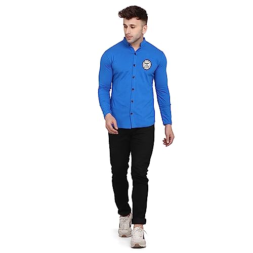 Image of Geum Men's Mandarin Collar Shirt | Slim Fit Full Sleeve Casual Shirt with Printed Chest Logo | Soft Cotton Blend Stylish Button Down for Party, Office