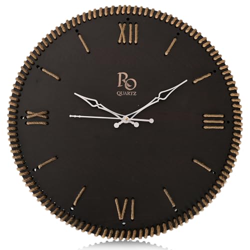 Image of Wooden Round Shape Roman Dial Analog Clock with Silver Hands and Golden Jute Rope Detailing | Silent Quartz Movement Anti Reflection Wall Clock for Home and Office (Black, 15.5 Inch)