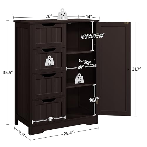 image for Yaheetech Large Bathroom Floor Cabinet with 4 Drawers and Single Door 