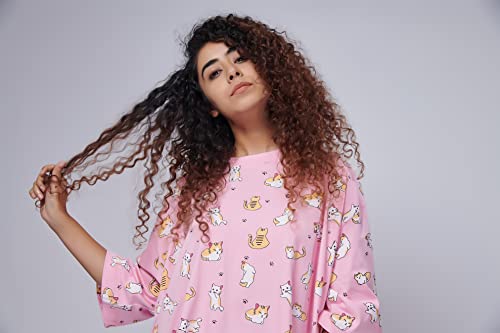 Image of LAMA STORE Women's Printed Oversized T-Shirt Dress, Cotton, 3 /4 Sleeve Length, Casual Loose Fit, Comfort Wear Extra Comfy Oversized Printed Pocket T-Shirt Dress