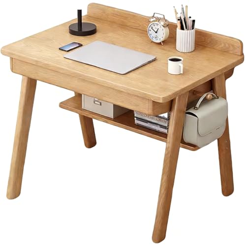 Escritorio de madera maciza con 2 cajones, escritorio clásico para computadora y oficina en casa, mesa de tocador, estación de trabajo simple para estudio, fácil montaje (natural, 80 x 60 x 75 cm)