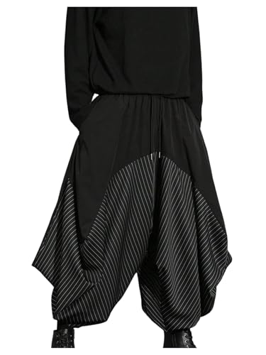 OYOANGLE Men's Striped Harem Pants Drawstring Waist Drop Crotch Hippie Wide Leg Capri Trousers