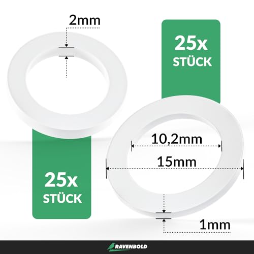 RAVENBOLD Fitschenringe für Zimmertüren [praktisches 50er Set: 25 x 1mm & 25 x 2mm Ringstärke / 10,2mm Durchmesser] - für alle Zimmertüren - extra stabiler Kunststoff - Unterlegscheiben Türscharnier