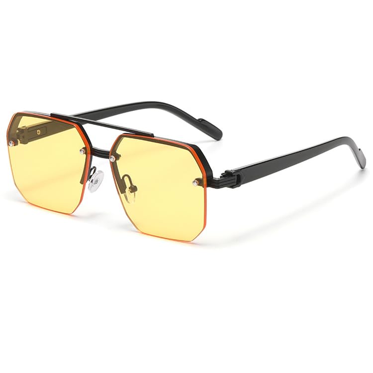 bullabulling Trendy Pilot Sunglasses Mens Womens Retro Double Bridge Metal Semi-Rimless Shades