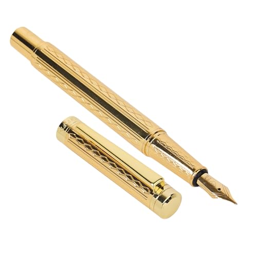 Image of 20818 Glossy Fountain Pen Golden Self Designer Metal Body Golden Crafted Clip with Ink Converter Pen for Student, Executives with High End Gift Box. (FINE NIB)