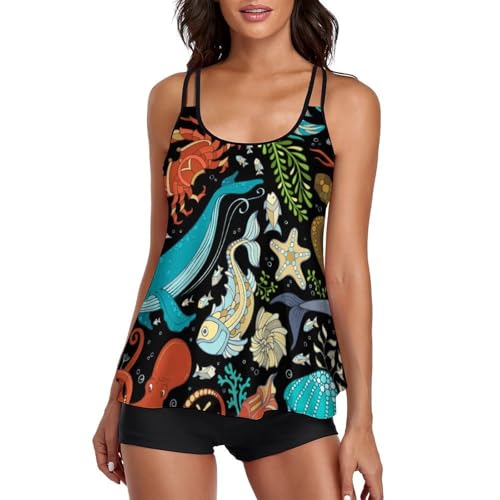Robe de plage tankini femme pour vacances et bikini short de garçon imprimé marine