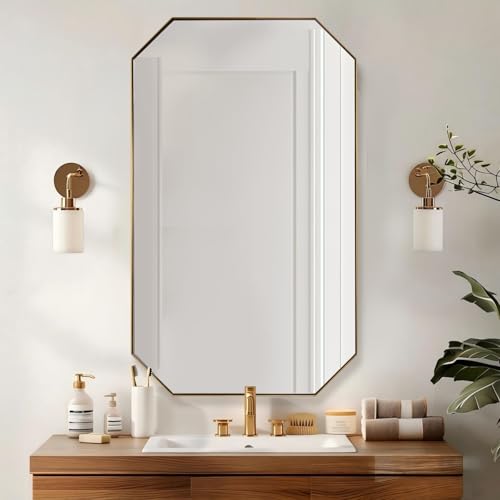 Image of ANDY STAR Gold Octagon Bathroom Mirror, 24x40 Inch Stainless Steel Metal Frame, Anti-Rust, Shatterproof HD Glass, Wall Mounted for Bathroom, Bedroom, Living Room