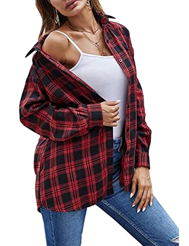 Zontroldy Plaid Flannel Shirts for Women Oversized Long Sleeve Bu...