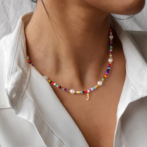 M MOOHAM Colorful Initial Necklaces for Girls - Beaded Pearl Choker Necklace for Women Teen Girl Colorful Summer Boho Necklace Jewelry, Trendy Personalized Letter Initial Gifts Birthday Gifts Kids3