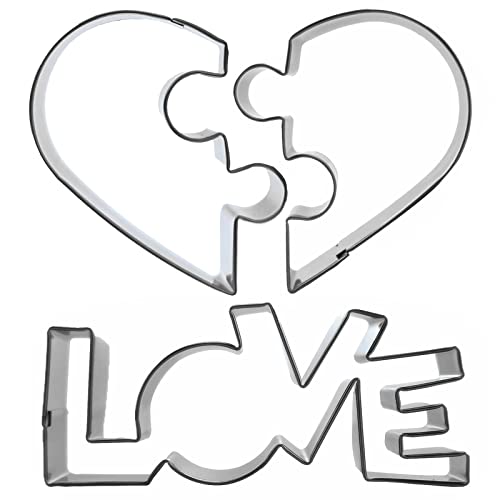 Love + Puzzle Heart Shaped Cookie Cutter Set Of 3 Pcs, Stainless Steel Valentine’s Day Fondant Cutters #TOP1