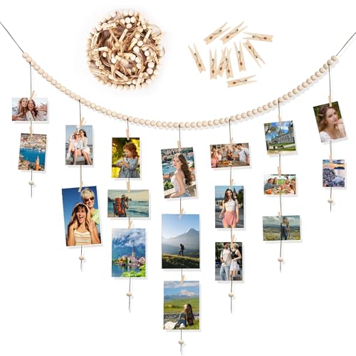 Hanging Photo Display with Clips, Boho Wood Bead Garland Picture Holder for Wall, Unique Photo Hanger with 30 Clips Perfect for Teenage Girl Room Decor, Art Display for Kids Artwork, Office Cubicle Decor