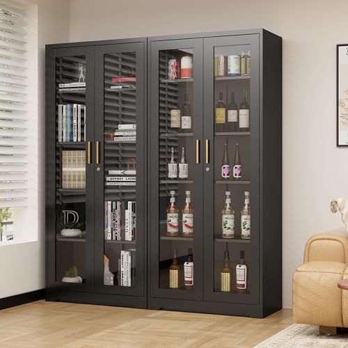 71" Glass Display Cabinet with Lock,Curio Cabinet with Glass Doors, Metal Display Case with 4 Adjustable Shelves, Black Bookcase Locking Storage Cabinets for Living Room, Kitchen，Commercial