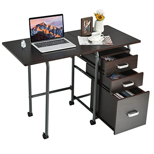 Fzzdp Folding Computer Laptop Desk On Wheels Home Office Furniture With 3 Drawers Desk (Color : D, Size : 18.5"X20"X29") #TOP5