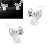 Arwrilt 2 PCS Bling Bow Car Seat Headrest Hooks, Cute Rhinestone Bow Seat Back Hanger, Universal Vehicle Rear Seat Crystal Hook for Handbag, Clothes, Coats, Grocery Bags (White)