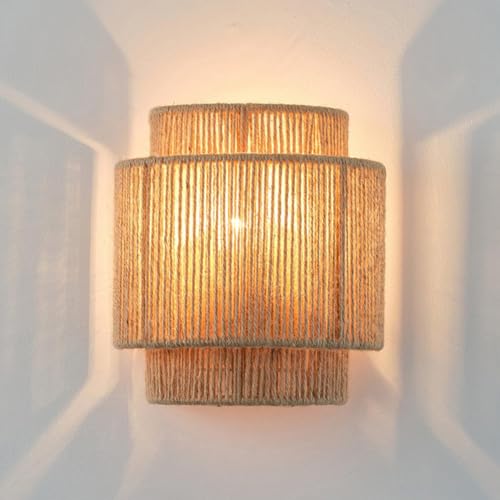 Lámpara de pared de yute natural E27 hecha a mano estilo boho para salón y dormitorio