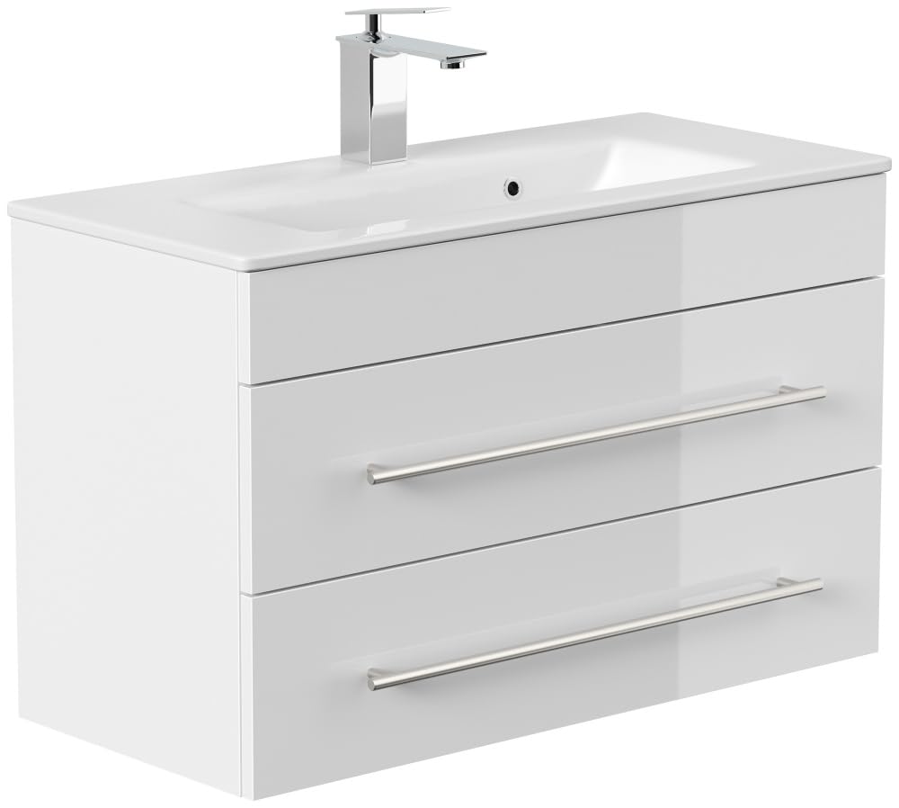 Badmöbel Mars 800 SlimLine mit Keramik Waschbecken, Weiß Hochglanz, 80 cm | SoftClose, Unterschrank mit 2 Schubladen, für Badezimmer