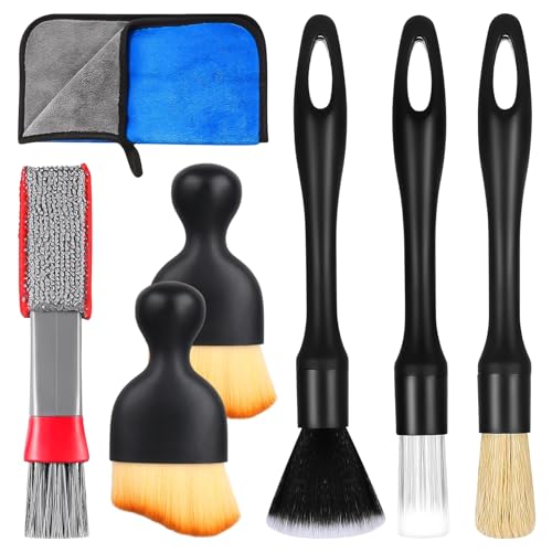 SUPRROW Juego de 7 cepillos de limpieza para coche, cepillo de limpieza para coche, cepillo de limpieza interior de coche, cepillo fino para el polvo, cepillo suave para el cuidado del coche y el