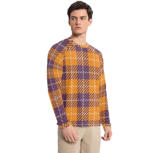 Orange Purple Plaid UPF 50+ Sun Shirts for Men Breathable Round Neck Sun Shirt for Men Long Sleeve Summer3