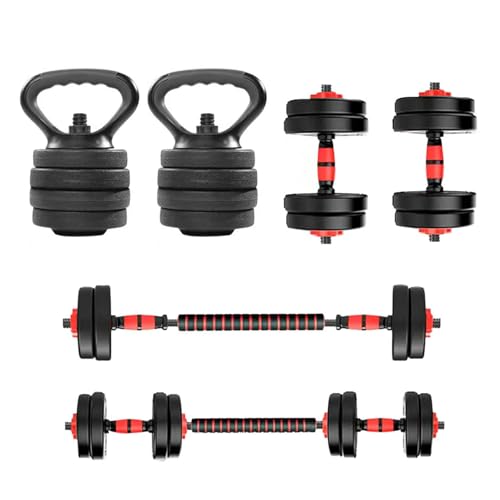 EIGFOH Juego de Mancuernas 4 en 1 10/15/20/30/40/50KG Con Pesa Rusa, Barra Recta de Conexión, Mangos Antideslizantes, Pesas Ajustables, Gimnasio en Casa (Rojo 10KG)