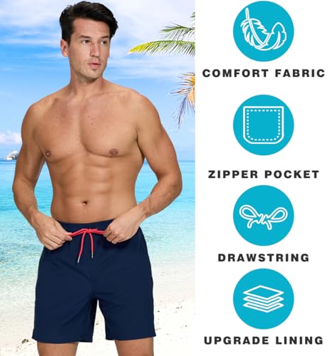 Image of Mens Swim Trunks Compression Liner No Mesh Swimming Trunks Men Swimwear Quick Dry Above Knee Zipper Pocket Swim Shorts