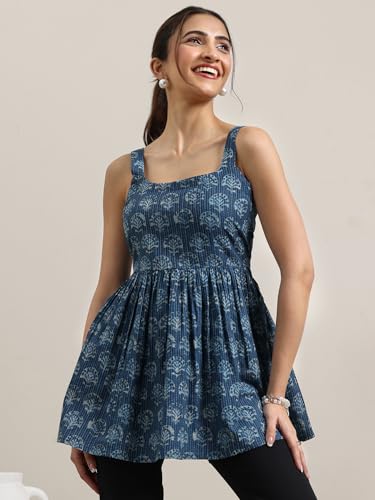 Image of Libas Womens Printed Cotton Anarkali Kurti for Women | Ethnic wear | Bridal Suit | Occasion wear