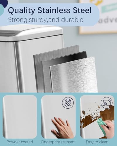 Bathroom Trash Can with Lid, 6 Liter / 1.6 Gallon Stainless Steel Trash Bin, Small Garbage Can with Removable Inner Bucket, Perfect Square Step Bin for Kitchen, Bathroom, Office, Bedroom