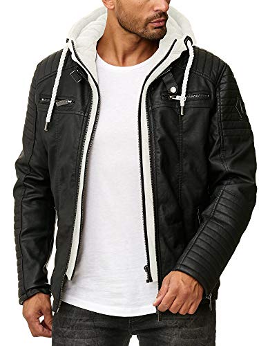 RED BRIDGE Veste en similicuir pour hommes Blouson de motard à capuche Biker Casual Noir-Blanc melange L