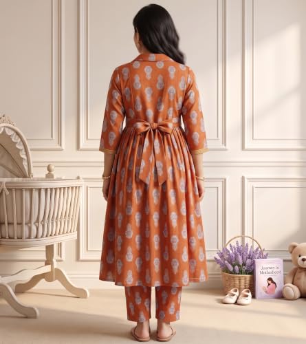 Image of DUMMY SHAPE Maternity Dresses for Women Cotton | Floral Kurta Pant Dupatta Set with Nursing Zippers, Side Pocket | Pre & Post Pregnancy | Feeding Kurti Suit | Baby Shower | Gifts for Pregnant Woman