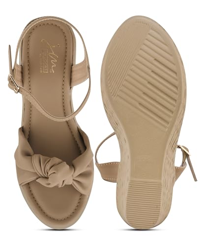 Image of JM LOOKS Elegant Ruched Knot Wedge Sandals with Woven Texture Heel and Adjustable Ankle Strap Comfort