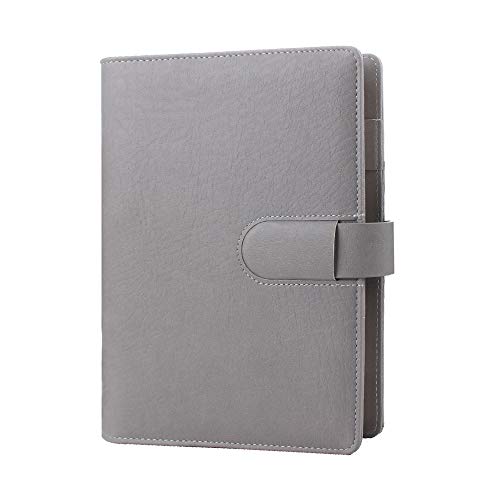 Fashion PU Writing Notebook, A5 Planner Binder Cover with Three Postcards Pocket, Pen Holder?6 Ring Binder Cover for A5 Filler Paper (Gray)