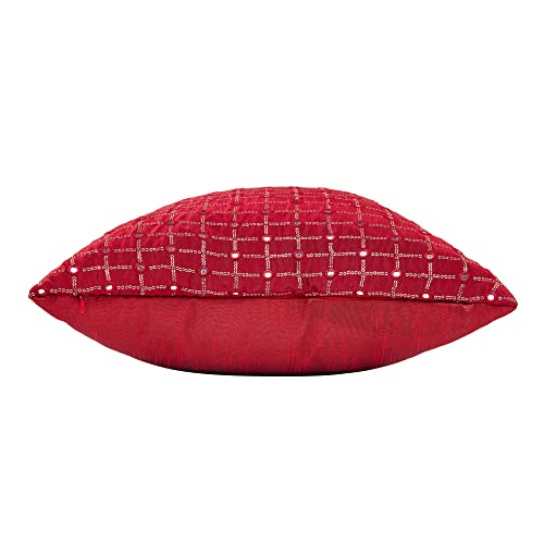 Image of Mirror Work Cushion Covers 20x20 Set of 2, Red Embroidered Silk Pillow Covers, Designer Pillows for Sofa with Sequin Embroidery