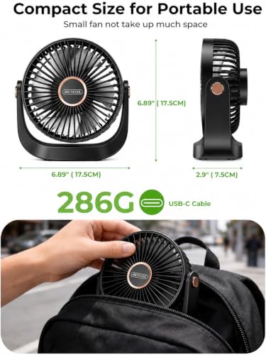 Image of ARCTICOOL Rechargeable Fan for Home, 5-Speed Portable 4.5 Inch Rechargeable Fan with 360 Adjustable Head, 1200mAh Battery Operated Table Fan with LED Night Light, Small Fan for Kitchen Office Travel