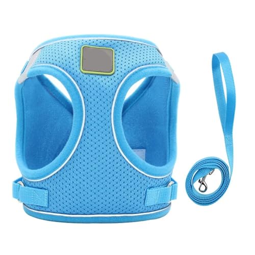 調節可能で ペット犬猫ハーネスとリーシュ、脱出防止ベスト、子犬子猫リード、反射(Light Blue,XL (7-10kg))