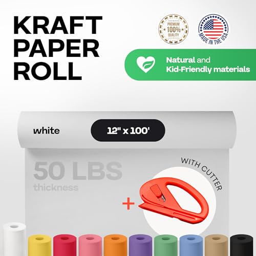 Image of White Kraft Paper Roll 12 inch x 1200 inch (100 feet) with Cutter - USA-Made Wrapping Paper for Packing, Moving, Shipping & Crafts /Arts - 100% Recyclable Natural Craft Material by IDL Packaging | Wrapping Paper for Packing, Moving, Shipping & Crafts /Arts - 100% Recyclable Natural Craft Material by IDL Packaging