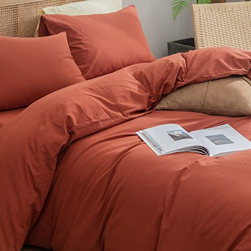 Image of BESTOUCH Cotton Solid Duvet Cover Set Linen Feel Burnt Brick Red Queen | 100% Washed Cotton, Soft Wrinkle Texture, Hidden Zipper, 8 Ties, Breathable Lightweight Durable Comfy, 3 Pcs No Insert