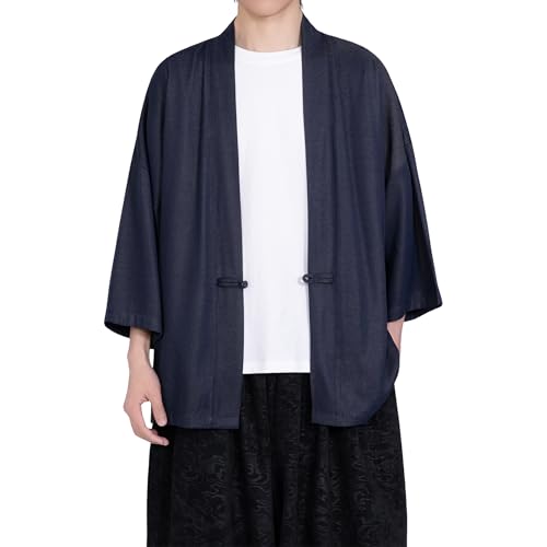 Image of PRIJOUHE Men's Kimono Jackets Cardigan Casual Cotton Blends Linen Seven Sleeve Open Front Embroidery Coat