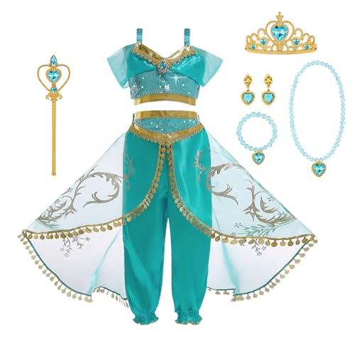 ACWOO Deguisement de Princesse Jasmine pour Enfants Filles, Costume de Princesse Jasmine avec Accessoires de Bandeaux et Colliers, Aladdin Costume pour Filles...