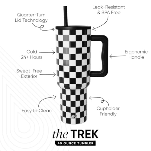 Image of Simple Modern 40 oz Tumbler with Handle and Straw Lid | Insulated Reusable Stainless Steel Water Bottle Travel Mug Cupholder Friendly | Gift for Women Men | Trek Collection | Black and White Checkmate