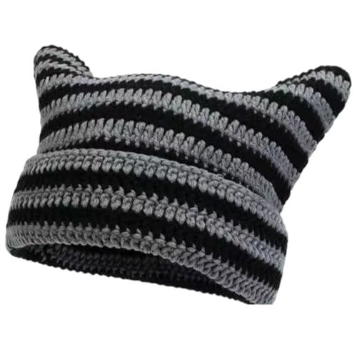 KASLCWA Gorro de Gato Y2k, Gorro de Punto con Orejas de Gato, Gorros Holgado de Ganchillo a Rayas, Y2K Gótico de Punto del Gatos de la Oreja para Niñas, Adultos y Niños