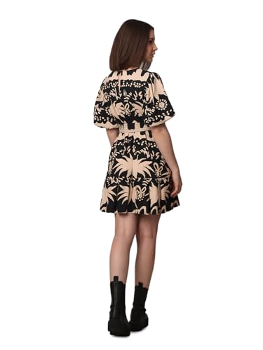 Image of ONLY Floral Print Round Neckline A-Line Dress | Detachable Waist Belt | Balloon Sleeves | Flared Skirt