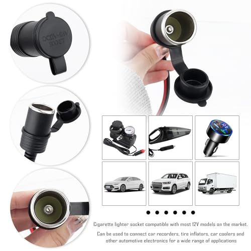 Image of 12V Cigarette Lighter Socket Replacement with 5Ft Extension Cord & Battery Alligator Clips,Universal Car Cigarette Lighter Outlet Female Cigarette Lighter Socket with 15A Fuse (5Ft)