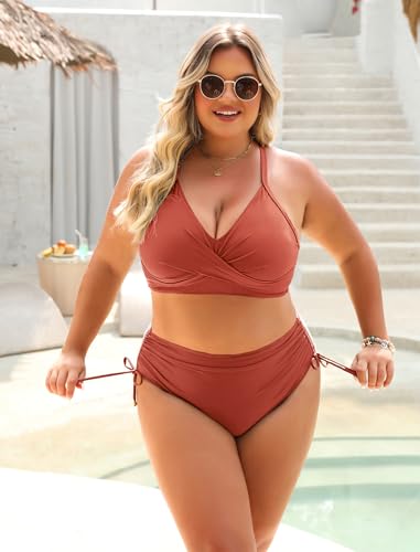 Image of Blooming Jelly Womens High Waisted Bikini Sets Drawstring Tummy Control Swimsuits Crisscross Tie Back Bathing Suit