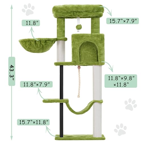 Image of Gitelsnour Cat Tree, 43.3'' Cat Tower with Hammock for Kittens GCT004SGR | Cat Condo House for Small Indoor Cats, Basket, Scratching Post, Large Platform, Sturdy Steel Tube, Sisal Rope, Green