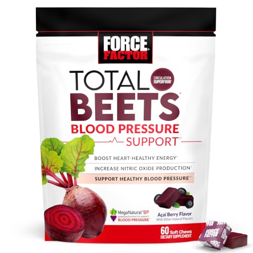 Force Factor Total Beets Blood Pressure Support Chews Nitric Oxide Supplement with Beet Root Powder & Grape Seed Extract for Heart Health Acai Berry Flavor 60 Beet Chews