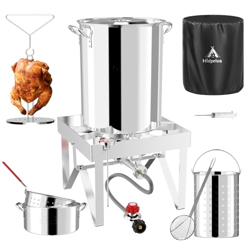 Hidpriva Stainless Steel 30QT Turkey Fryer Kit & 10QT Fish Fryer Kit | Waterproof Cover & 12-inch Skimmer | 55,000BTU Propane Burner Stove | Outdoor Deep Fryer | Crawfish Boiler with Basket