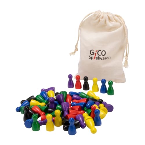 GICO 60 Spielkegel 24x12 mm aus Holz, Set bunt Sortiert im Baumwollbeutel- 6 Farben -2132 – Miniatur