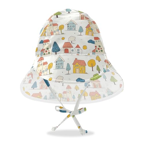 Cartoon Childish Colorful Houses Trees Unisex Baby Beach Hats Baby Boys Water Hats Girls UPF 50+ Large Brim Beach Essentials