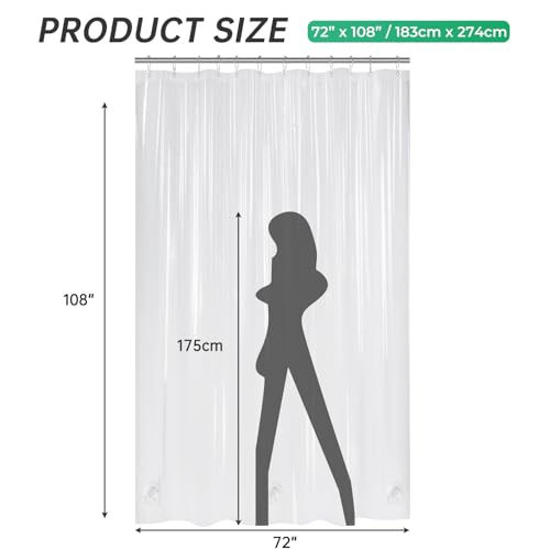 Image of AmazerBath Extra Long Shower Curtain Clear 108 Inches Long, Plastic Floor to Ceiling Shower Curtain Extra Tall, Heavy Duty PEVA with 3 Weighted Stones and 12 Grommet Holes, 72x108 Inches