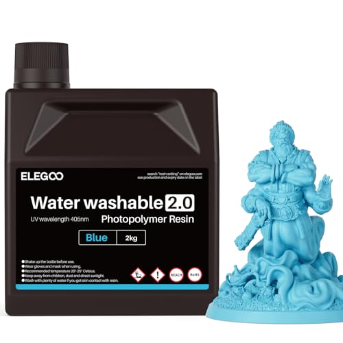 ELEGOO Upgraded Water Washable 3D Printer Resin 2.0, 405nm UV-Curing 3D Resin with Lower Shrinkage and Higher Precision for LCD 3D Printing Blue 2000g